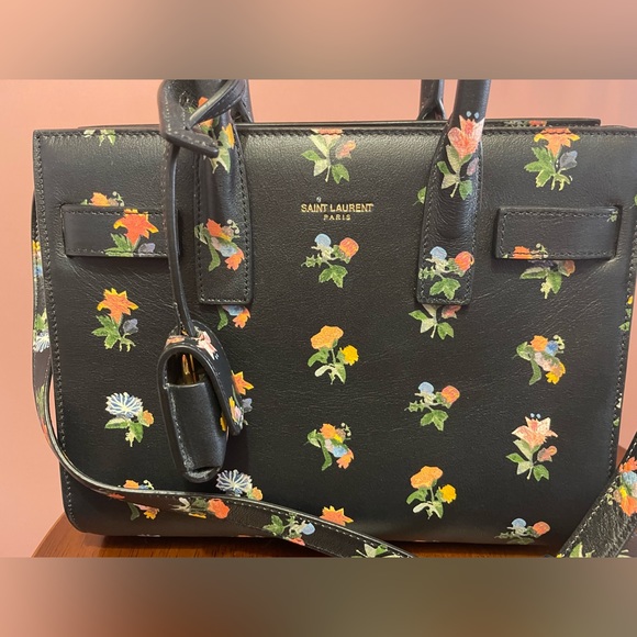 Yves Saint Laurent Black Leather Prairie Flower Nano Sac de Jour Bag - Picture 2 of 7